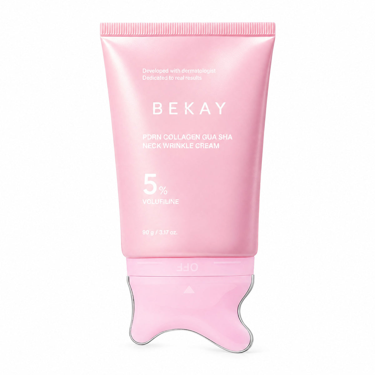 BEKAY PDRN Gua Sha Neck Cream tube with built-in metal gua sha head, front