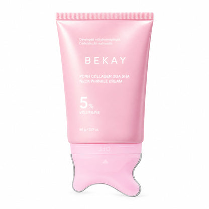 BEKAY PDRN Gua Sha Neck Cream tube with built-in metal gua sha head, front
